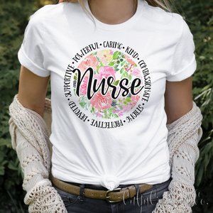 Floral design Nurse kind caring compassionate ect.. womens short sleeve tee